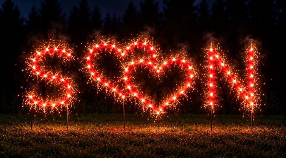 Lichterbild Brennendes Doppelherz mit Buchstaben Hochzeit
